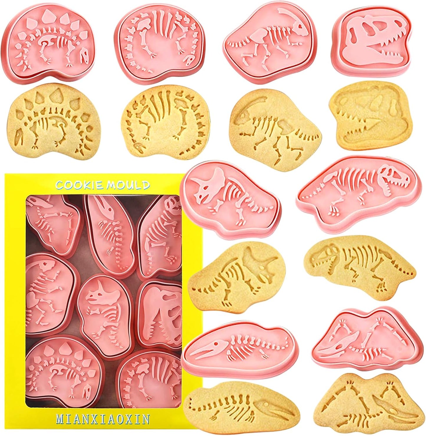 Dinosaur Fossil Cookie Cutter Set – 8pcs 3D Plastic Cookie Stamps – Fun Dino Skeleton Cookie Molds – Food Grade Kids Baking Set for Dinosaur-Themed Cookies, Cakes & Treats