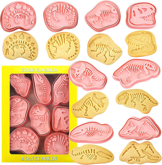 Dinosaur Fossil Cookie Cutter Set – 8pcs 3D Plastic Cookie Stamps – Fun Dino Skeleton Cookie Molds – Food Grade Kids Baking Set for Dinosaur-Themed Cookies, Cakes & Treats