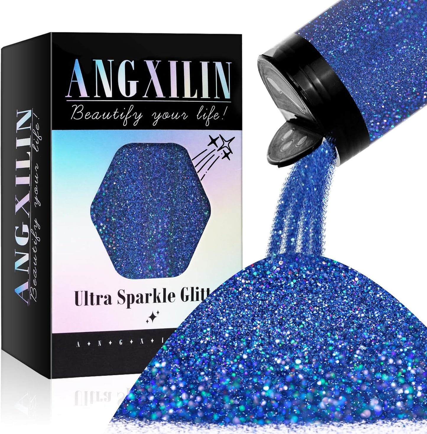 Holographic Fine Glitter for Epoxy Resin DIY Craft,ANGXILIN High Capacity 260g Shaker Bottle Fine Glitter for Nail Art Body Make Up,Tumblers Jewelry Making Laser Fine Glitter (Laser Diamond Blue)