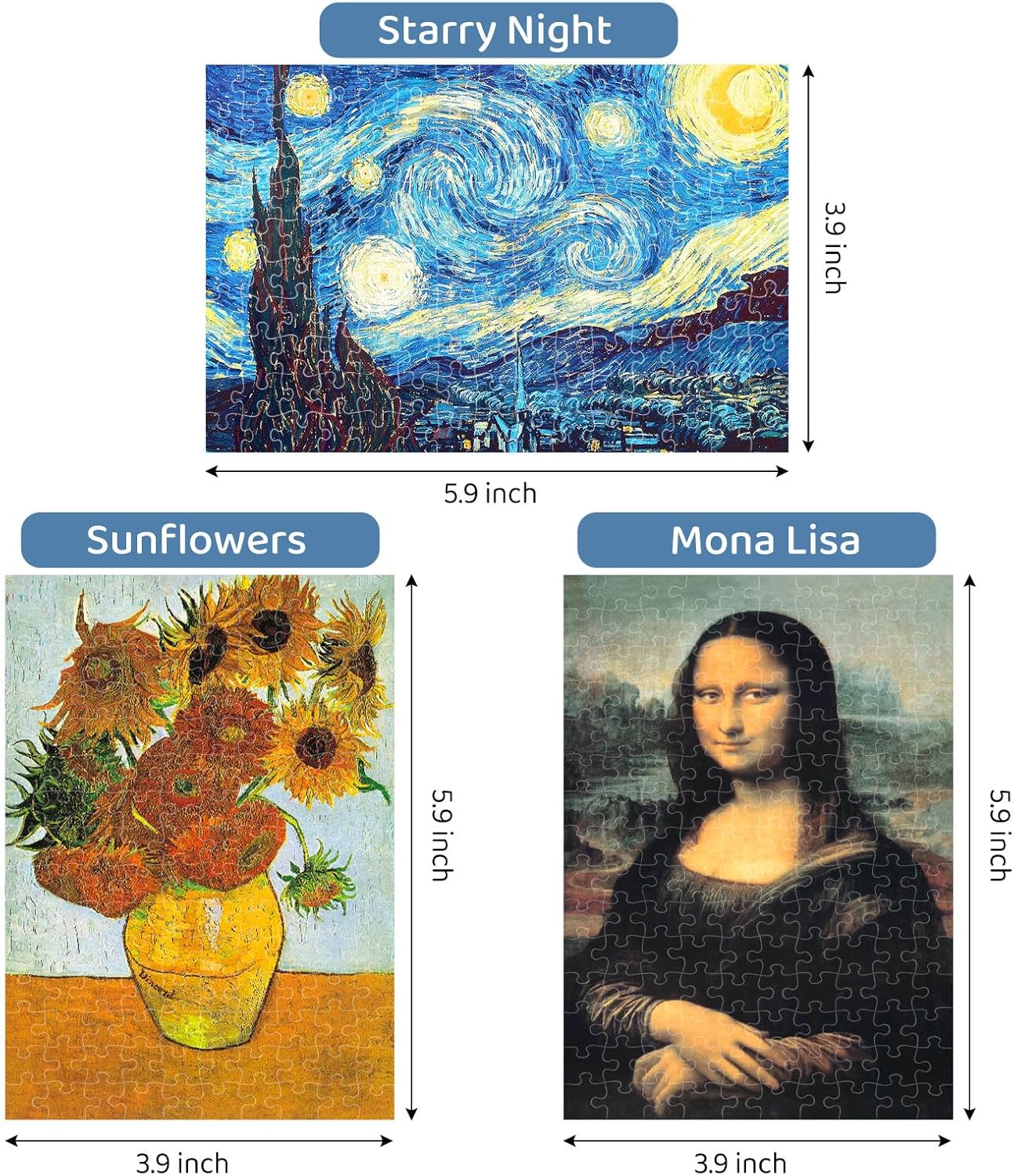 150 Puzzles Mini Jigsaw for Adults & Kids, 6 x 4 Small Capsule Tube Sets - Starry Night Mona Lisa Sunflower Pack