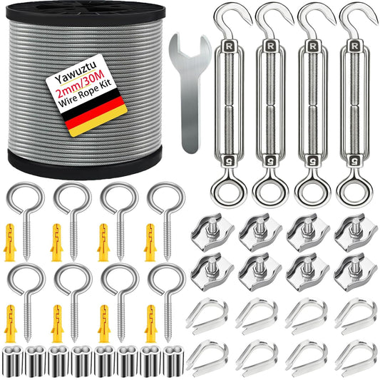 1/16 Inch Stainless Steel Cable 100FT with M5 Turnbuckle - 304 SS Wire Rope Kit for Outdoor Sun Shade, Garden, Deck (1/16" 100FT Wire Rope Kit)