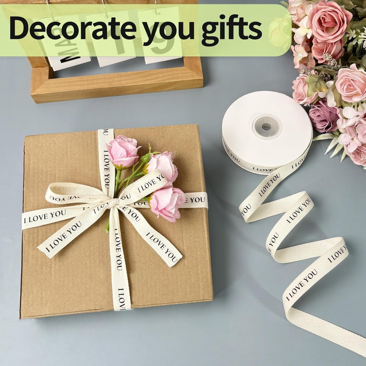 Cotton Herringbone Ribbon - Natural Twill Tape for Custom Gift Wrapping & DIY Crafts-5/8 Inch x 15 Yards - I Love You Printed Phrase