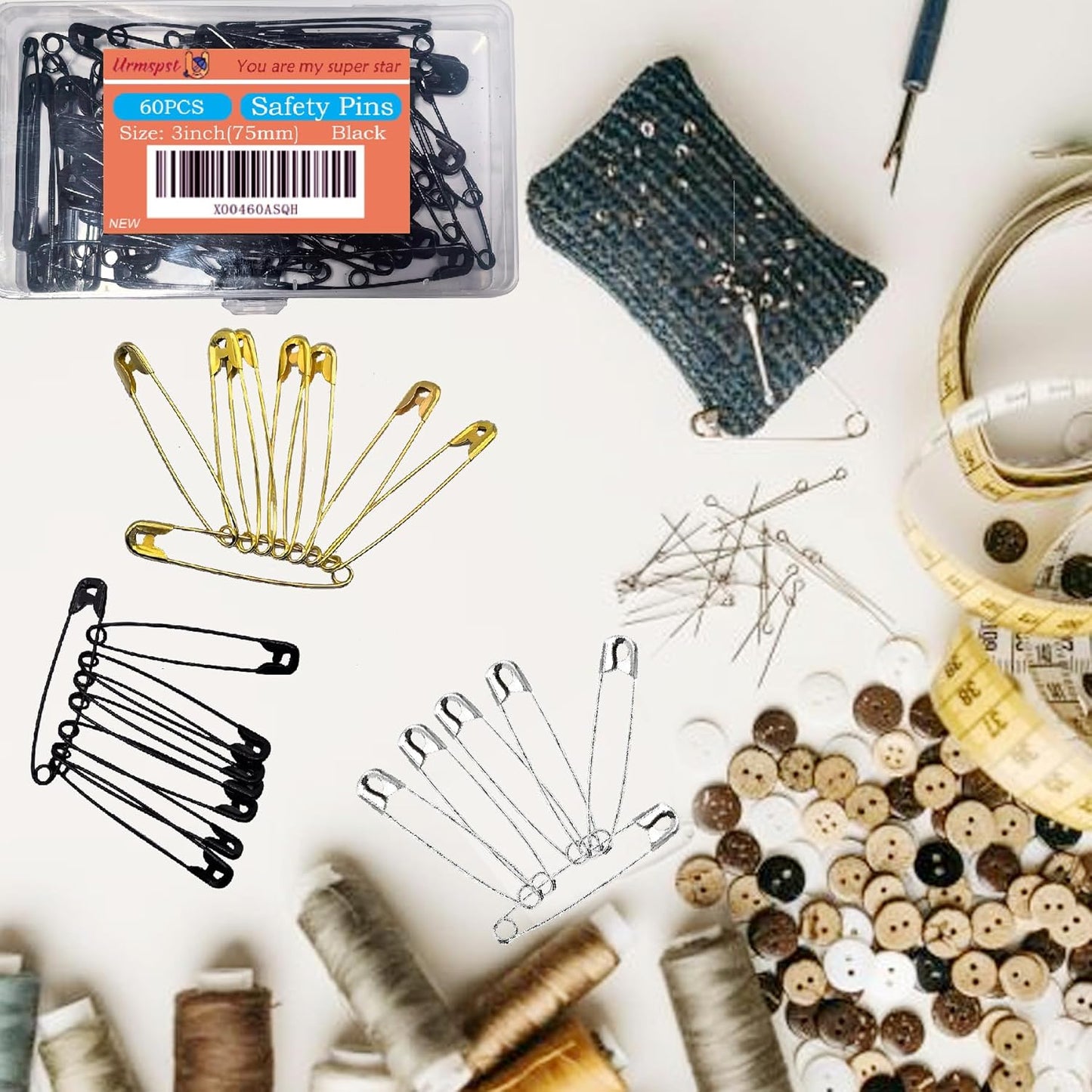 60PCS-3Inch Large Black Safety Pins, Rust-Resistant Nickel Plated Steel, Sharp Edge, Sewing, Arts & Craft