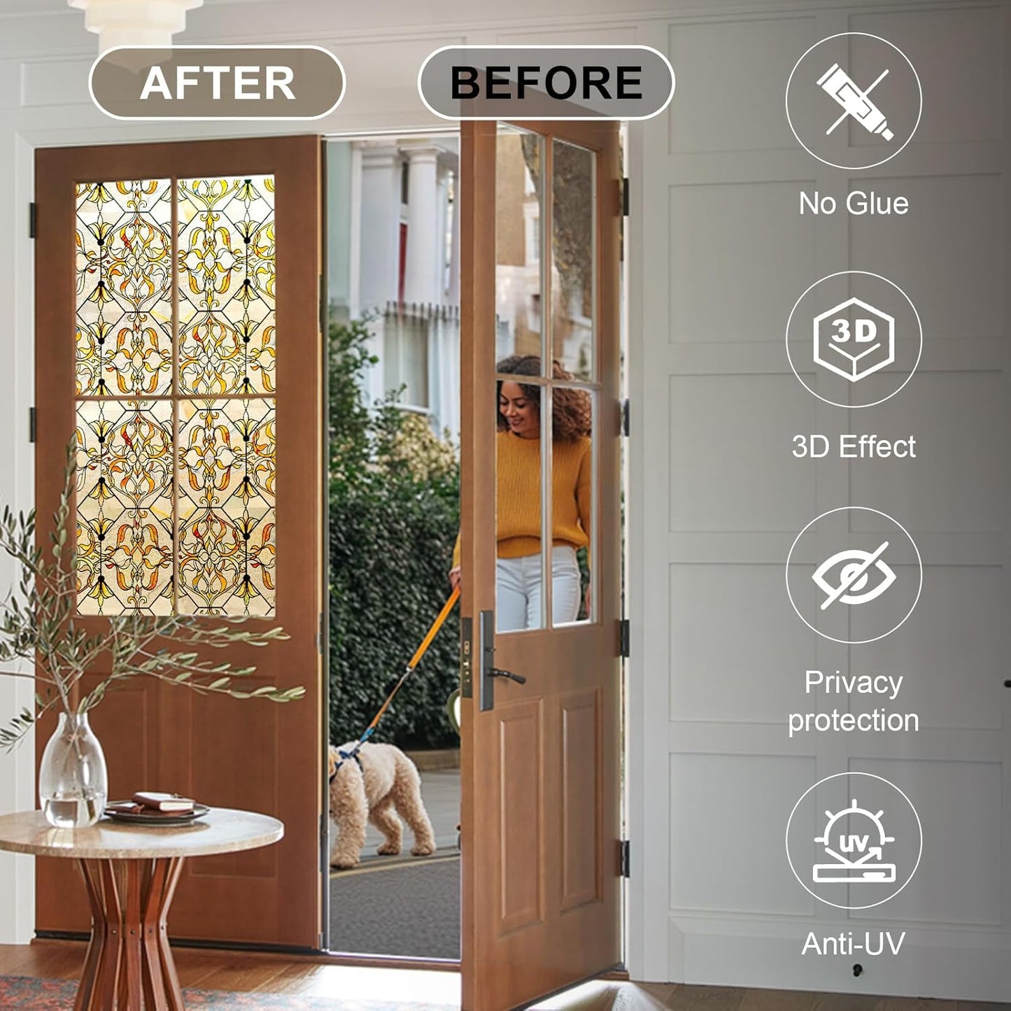 3D Stained Glass Window Privacy Film, Heat Control UV Blocking Static Cling Decorative Window Film for Bathroom,Front Door,Home Non Adhesive 35.4 x 78.7 inches Golden Filigree