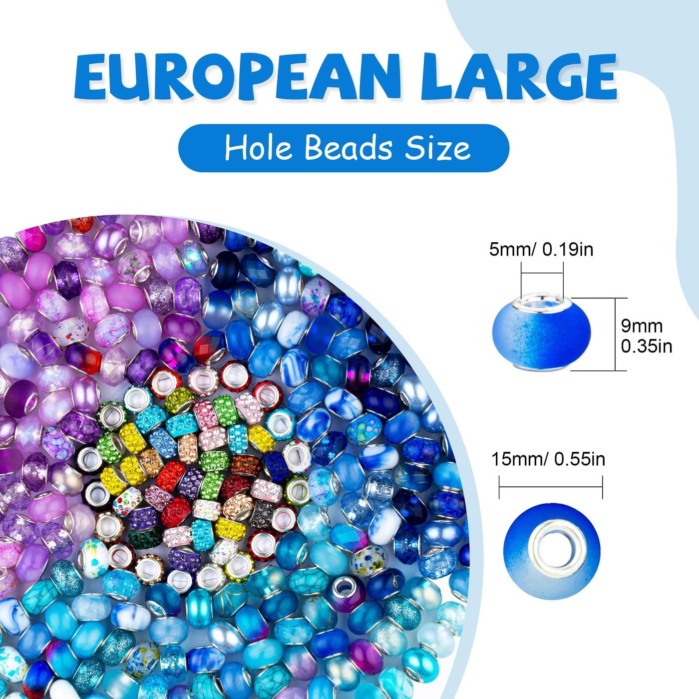 LAIDANLA 150pcs 15mm European Large Hole Beads Bulk for Bracelet Pens Jewelry Making Spacer Charms Craft Beads Decoration (Purple, Lake Blue, Blue)