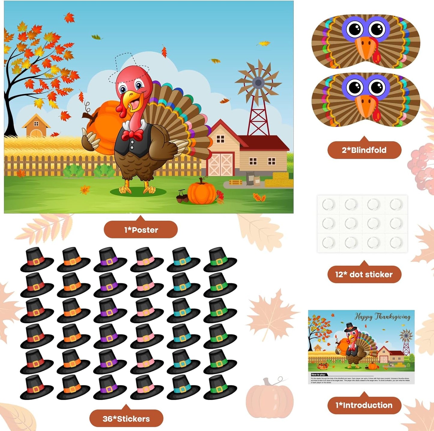 ASTARON Pin The Hat on Turkey Thanksgiving Pin The Tail Party Games Activities for Kids 36 Stickers Fall Festival Kids Birthday Family Party Games