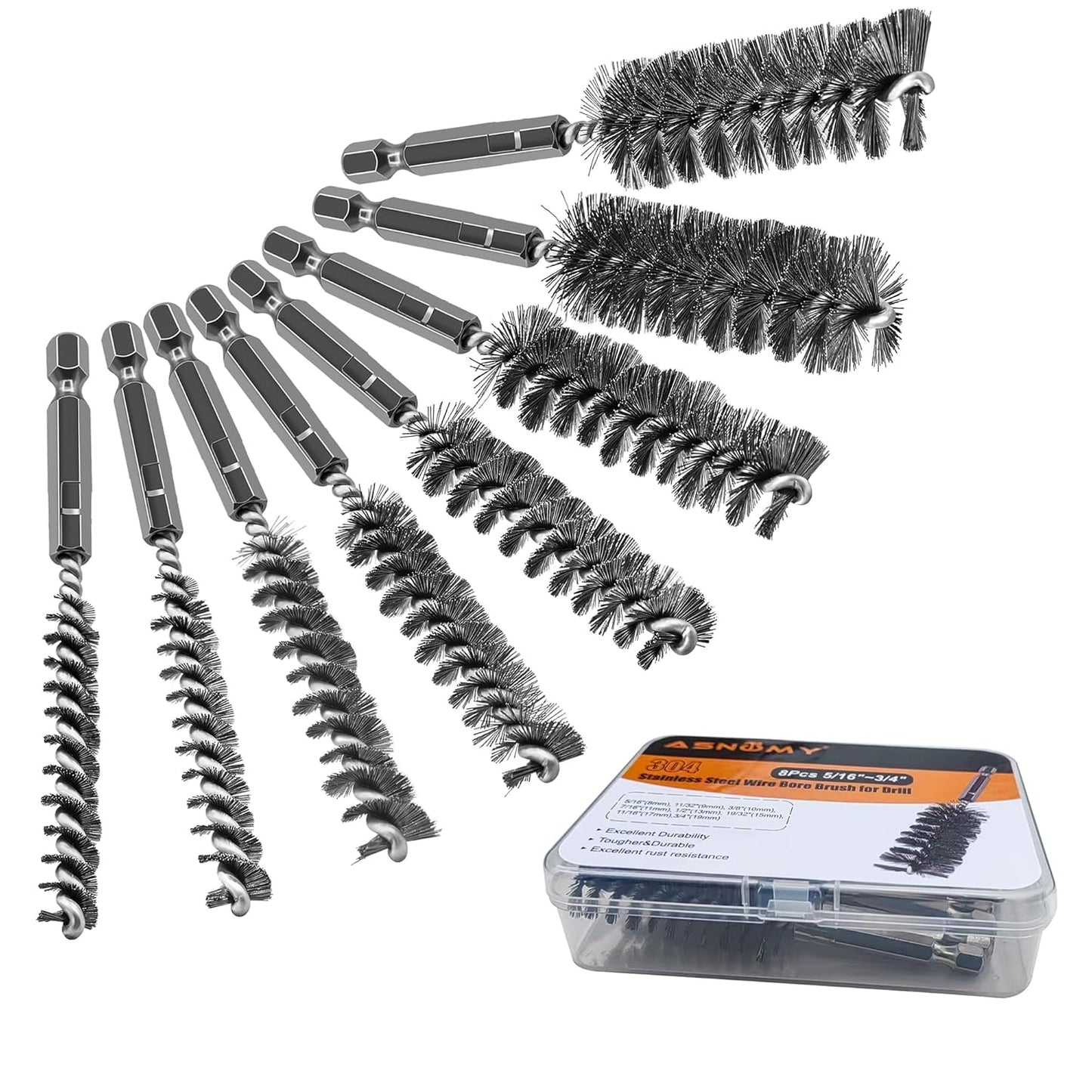 ASNOMY 8Pcs Wire Bore Brush for Drill,5/16"-3/4” Stainless Steel Copper Pipe Cleaner Set for Power Drill Cleaning,Abrasive Drill Wire Brush with 1/4" Hex Shank