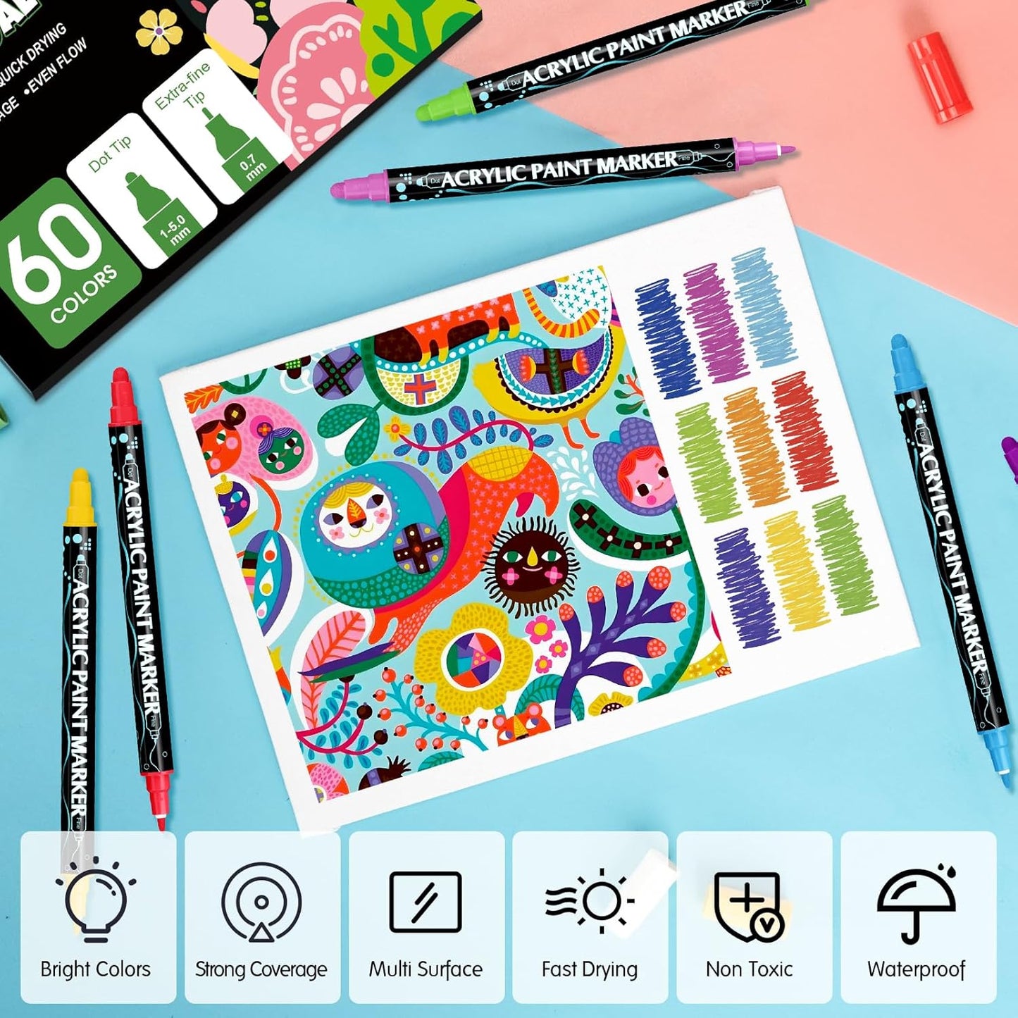 FUMILE 60 Colors Acrylic Paint Marker Dual Tip(Fine and Dot Tip), Paint Pens Acrylic Markers for Wood, Rock, Plastic, Glass, Ceramic, Canvas.Acrylic Markers Set for DIY Christmas Gifts and Art