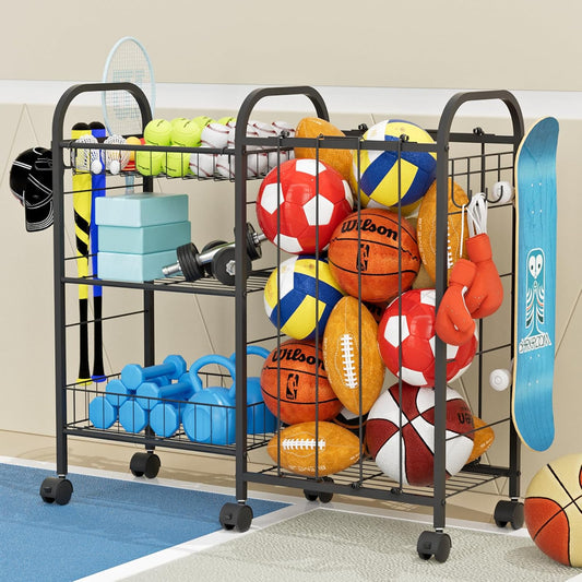 Ball Storage Rack, Sports Ball Storage Cart with 6 Wheels, Elastic Strap, Removable Basket, Hooks, Sports Equipment Organizer For Garage, Children's Room, Court, School, Small Gym, Outdoor