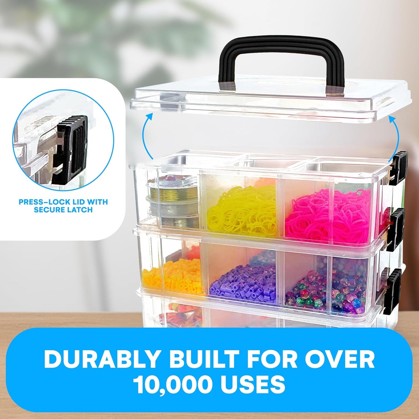 Bins & Things Clear 3-Tier Stackable Storage Containers with Lids - 18 Adjustable Compartments for Bead - Organizing Drawers for Jewelry, Kids Toys, Makeup