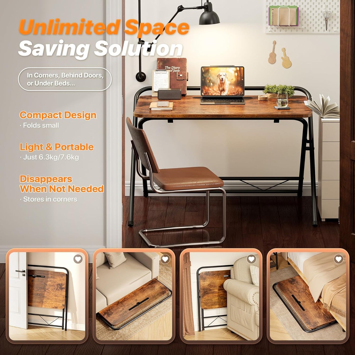 Huuger Folding Desk with 3-Level Adjustable Height and Tablet Slot, 32 Inch Foldable Computer Desk for Small Spaces, Space Saving, Writing Work Table for Home Office, Bedroom, Study, Rustic Brown