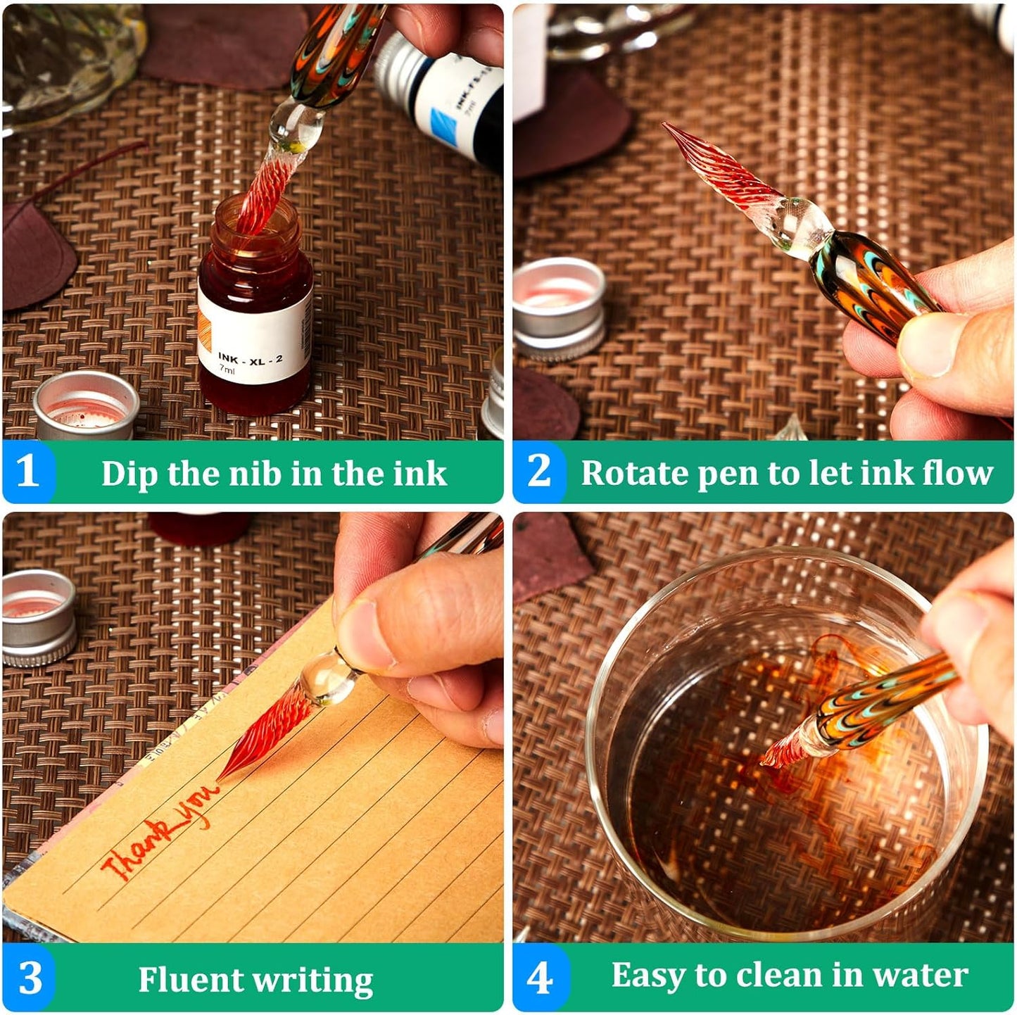 Zonon Glass Dipped Pen Ink Set 14 Pcs Include 6 Pcs Glass Dip Pen, 6 Colorful India Ink and 2 Holder Crystal Signature Calligraphy for Art, Writing, Signatures, Gift(Green Color System)