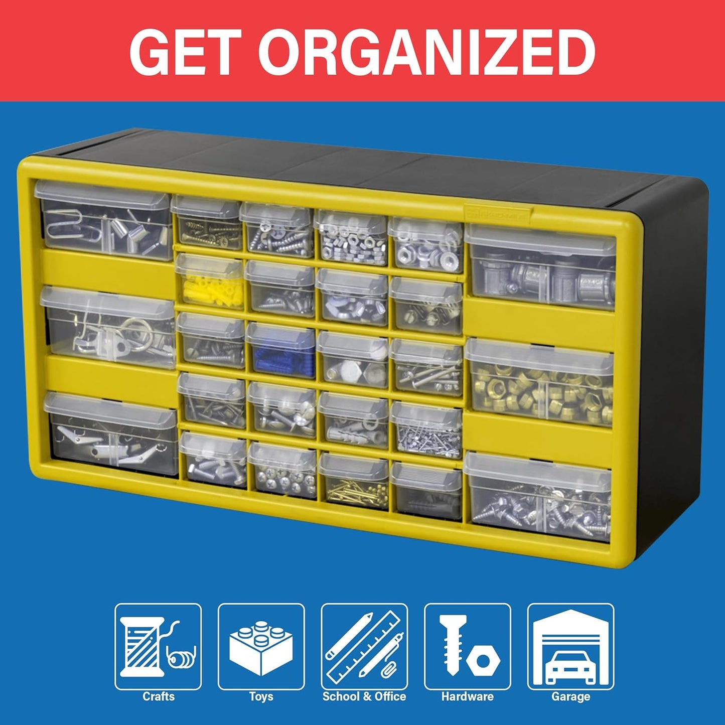 Akro-Mils 26-Drawer Plastic Drawer Storage Cabinet for Garage Organization, Bead Organizer, Building Bricks Storage, Teacher Toolbox, Makeup Organizer, 20" W x 6" D x 10" H, 10126 Yellow