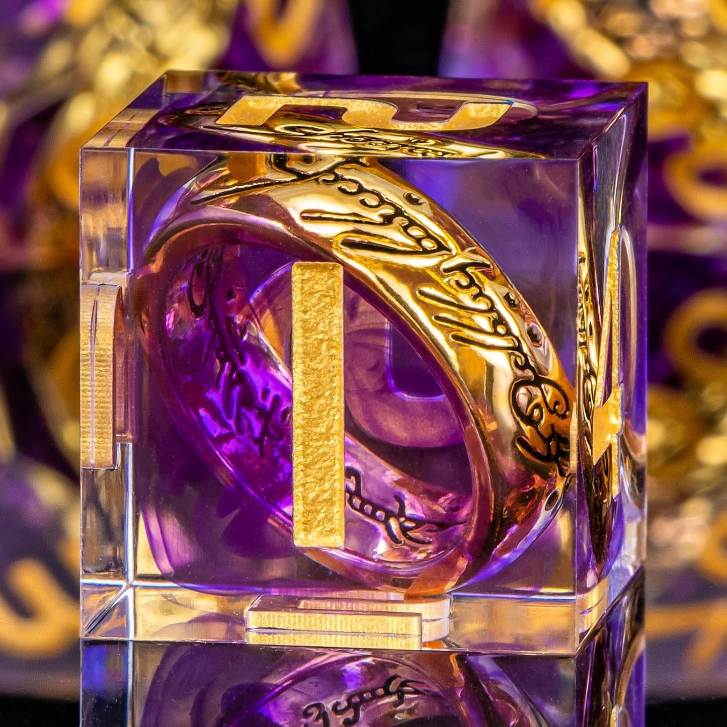 OUKELANWO Magic Lord Rings DND Dice Set with Box, 7Pcs Resin LOTR D&D Dice Set for Role Playing Game, Purple Gold Dungeons Dragons D and D Sharp Edge Dice D20 D12 D10 D8 D6 D4
