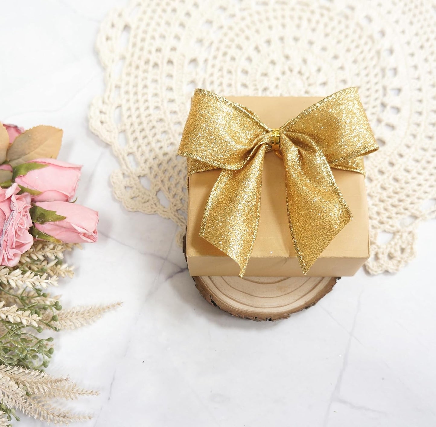 CT CRAFT LLC Glitter Wired Ribbon 1.5" x 10 Yards Yellow Gold for Christmas Home Decor Bow Gift Wrapping DIY Crafts Wreath