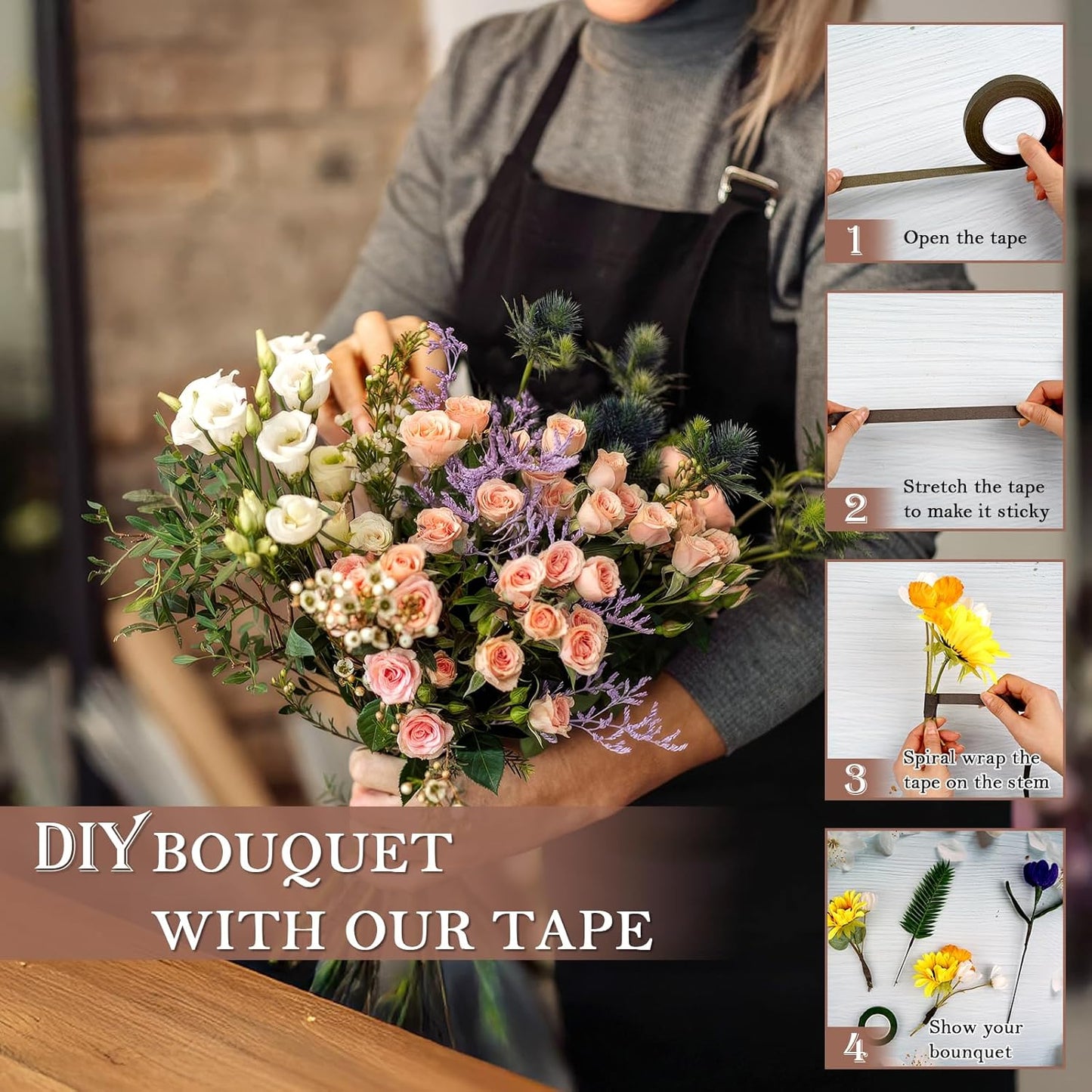 8 Packs Floral Tape, 1/2" Wide Flower Tape, Brown Floral Tape for Fresh Flowers, Adhesive Florist Tape for Floral Crafts, Bouquet Floral Arranging Stem Wrapping, Wedding Bouquet, 30Yard