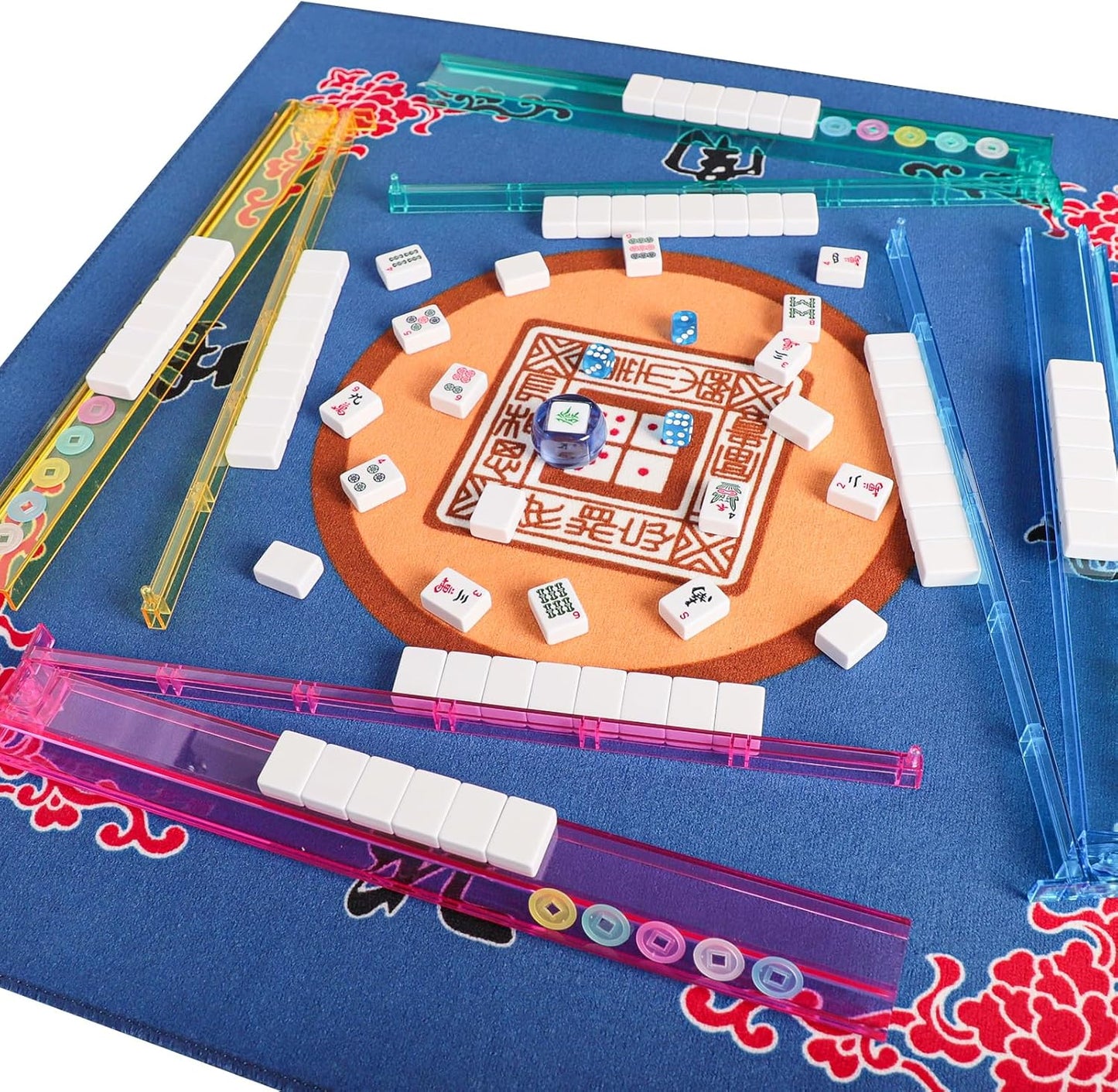 American Mahjong Game Set, 166 Quality White Tiles, 4 All-in-One Color Rack/Pushers, Mahjong Tile Set with Light Blue Printed Carrying Bag
