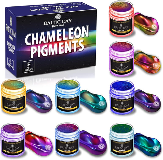 BALTIC DAY - Chameleon Mica Powder, 8 Jars of Color Shift Mica Set - Epoxy Resin Color Pigment - Chameleon Powder Glitter - Holographic Mica Powder for Resin