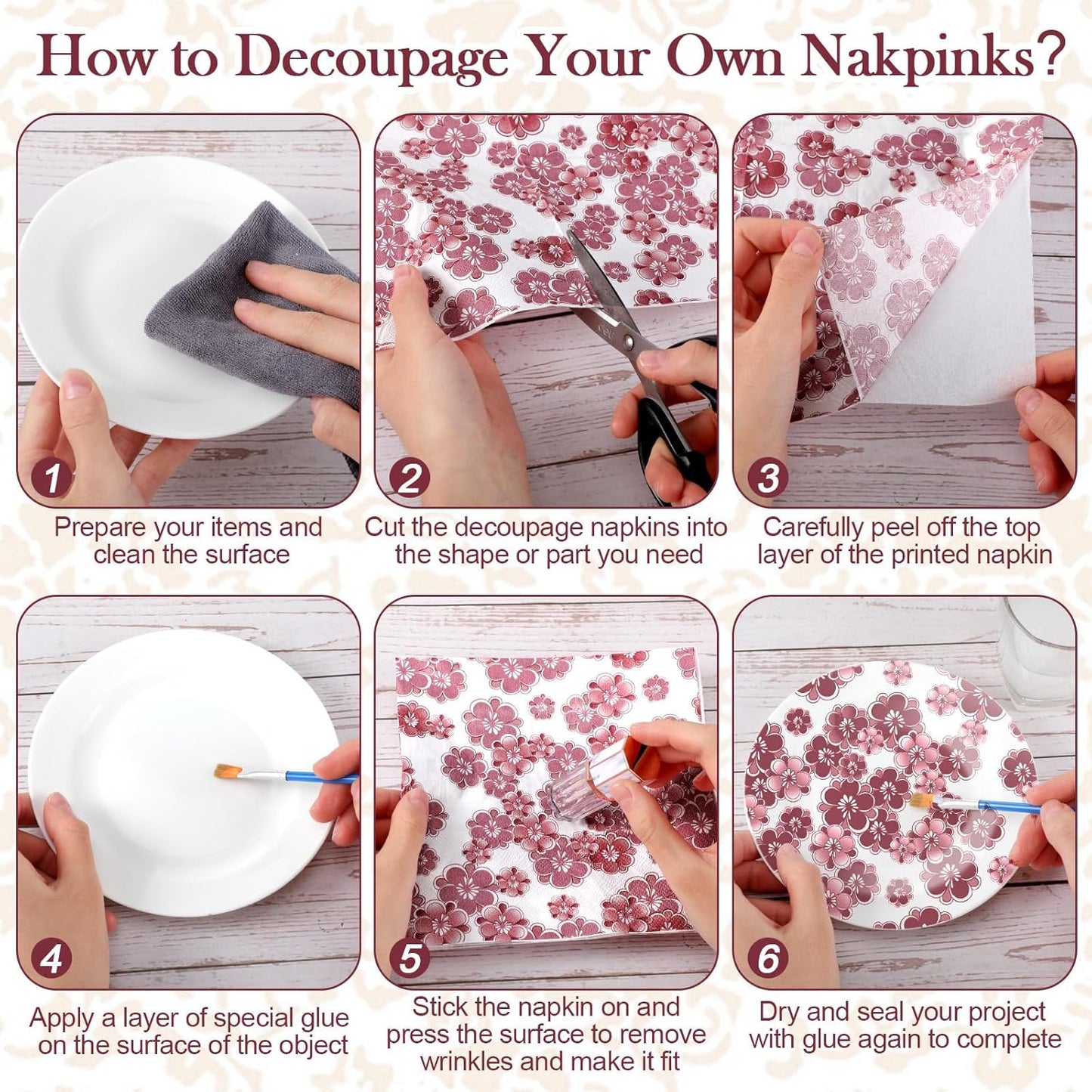 Epakh 36 Pack 6 Style Burgundy Decoupage Paper Napkins Assorted Floral Decorative Decoupage Napkin Chinoiserie Cocktail Paper for DIY Crafting Fall Christmas Wedding Party Decor, Each Unfolded 13''