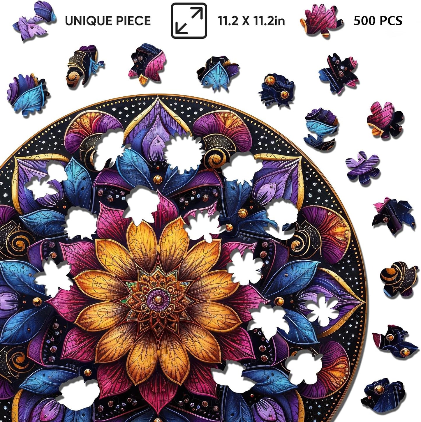 Mandela Wooden Jigsaw Puzzles - Flower Puzzles for Adults 500 Pcs, 16.7'' x 16.7''Unique Shaped Wood Puzzle, Beautiful Package for Halloween, Best Gift for Adults and Kids, Family Game