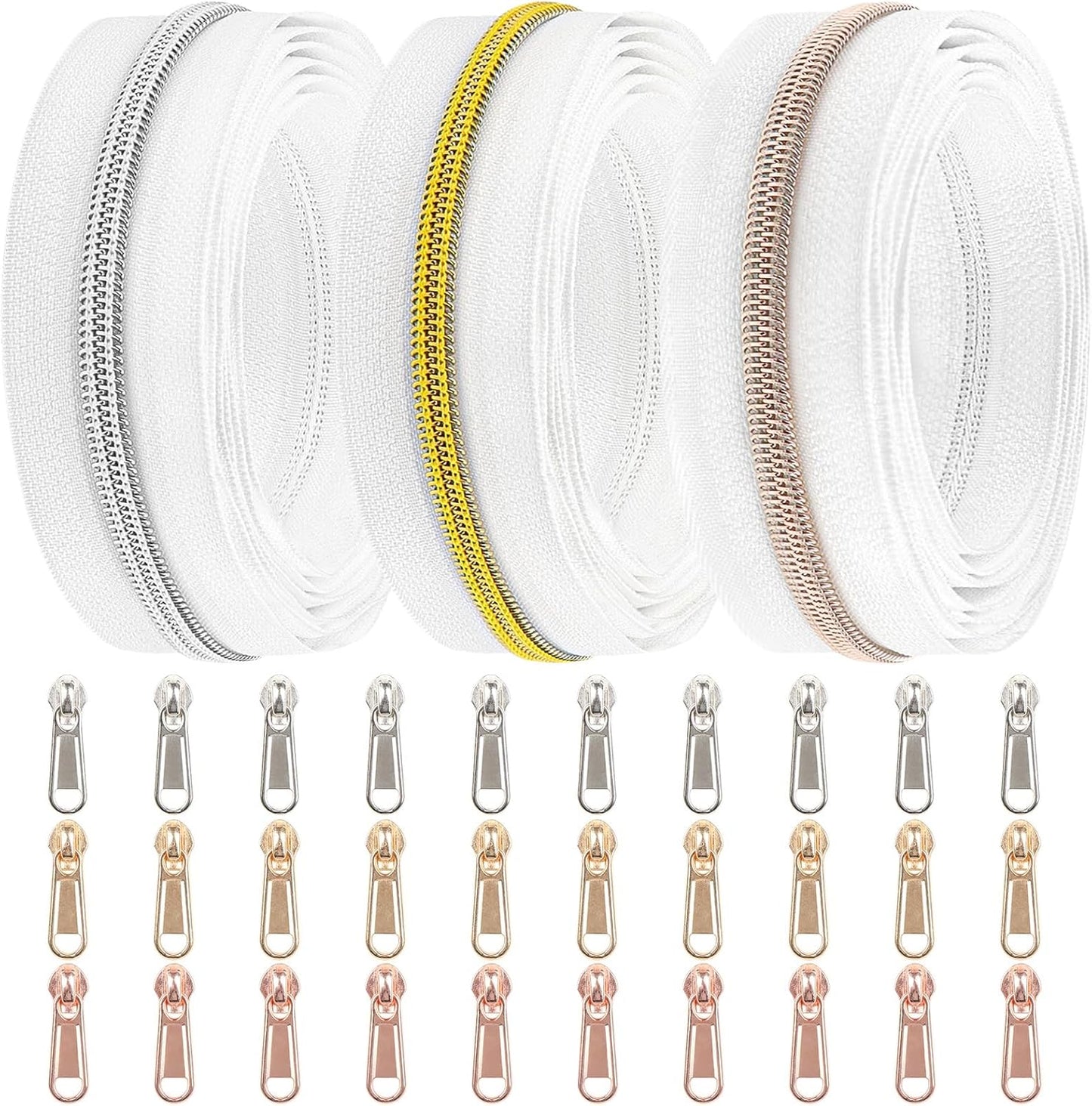 DOITEM 16.5 Yards 3 Pieces Sewing Zippers #5 Nylon Coil Zippers Assorted Zipper for Sewing with 30 Zipper Sliders for DIY Tailor Sewing Crafts Supplies, White