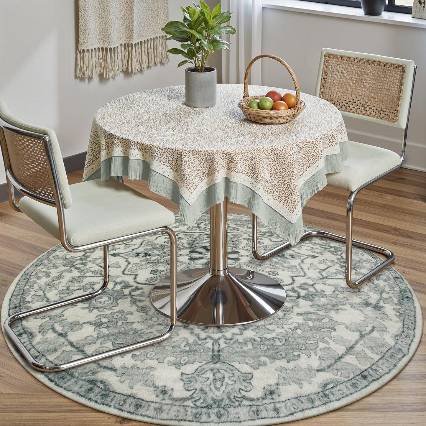 Lahome Round Rug 4ft, Soft Rug for Bedroom Machine Washable Office Circle Rug, Bohemian Medallion Non-Slip Non-Shedding Low Pile Printed Indoor Carpet for Kitchen Laundry Bathroom, Beige