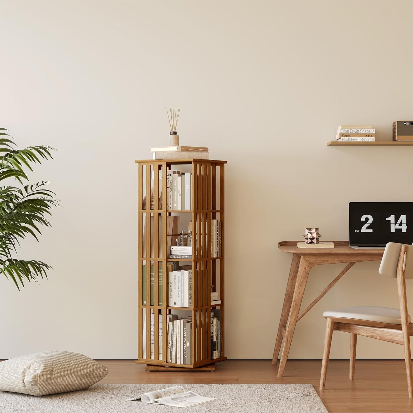 YOWOS Rotating Bookshelf Tower, 360 Display Spinning Bookcase, Bamboo Bookshelf Floor Standing Storage Rack, Wood Narrow Book Shelf Organizer for Kids&Adults (Walnut, 4 Tier)