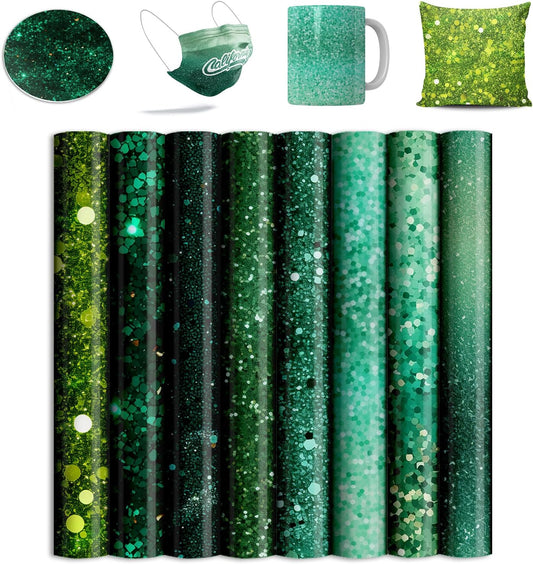 Green Glitter Sublimation Transfer Sheets for Heat Press Machine,12x12 Inch Sublimation Transfer Paper for Heat Press Machine, 8 Sheets