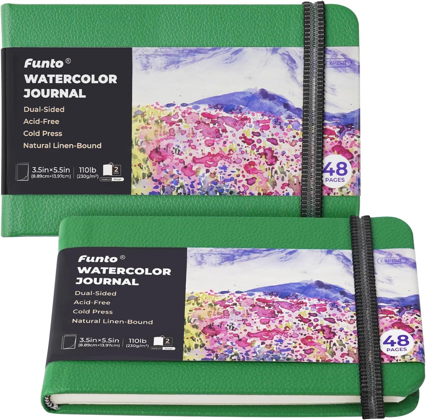 Funto Watercolor Journal, 3.5x5.5, 2 Pack, 24 Sheets Each, Green Cloth Cover, 110lb/230gsm, Suitable for Techniques and Mixed Media