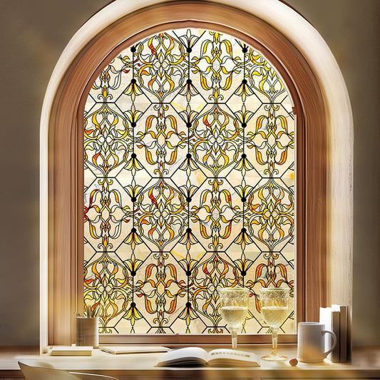 3D Stained Glass Window Privacy Film, Heat Control UV Blocking Static Cling Decorative Window Film for Bathroom,Front Door,Home Non Adhesive 23.6 x 35.4 inches Golden Filigree