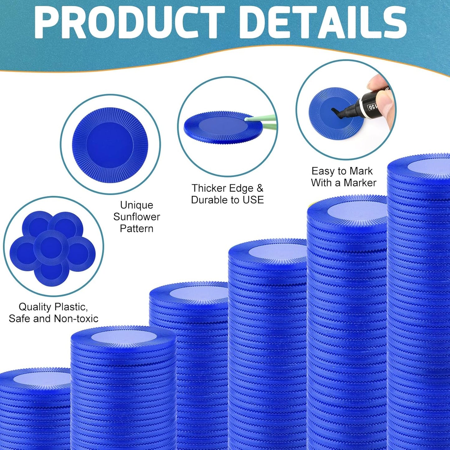 Coopay 500 Pieces Plastic Poker Chips, 1 Inch Bingo Chips Bulk Learning Counters Disks Poker Card Game, Counting Markers for Math Practice, Game Tokens and Teaching Rewards, 25 mm (Blue)