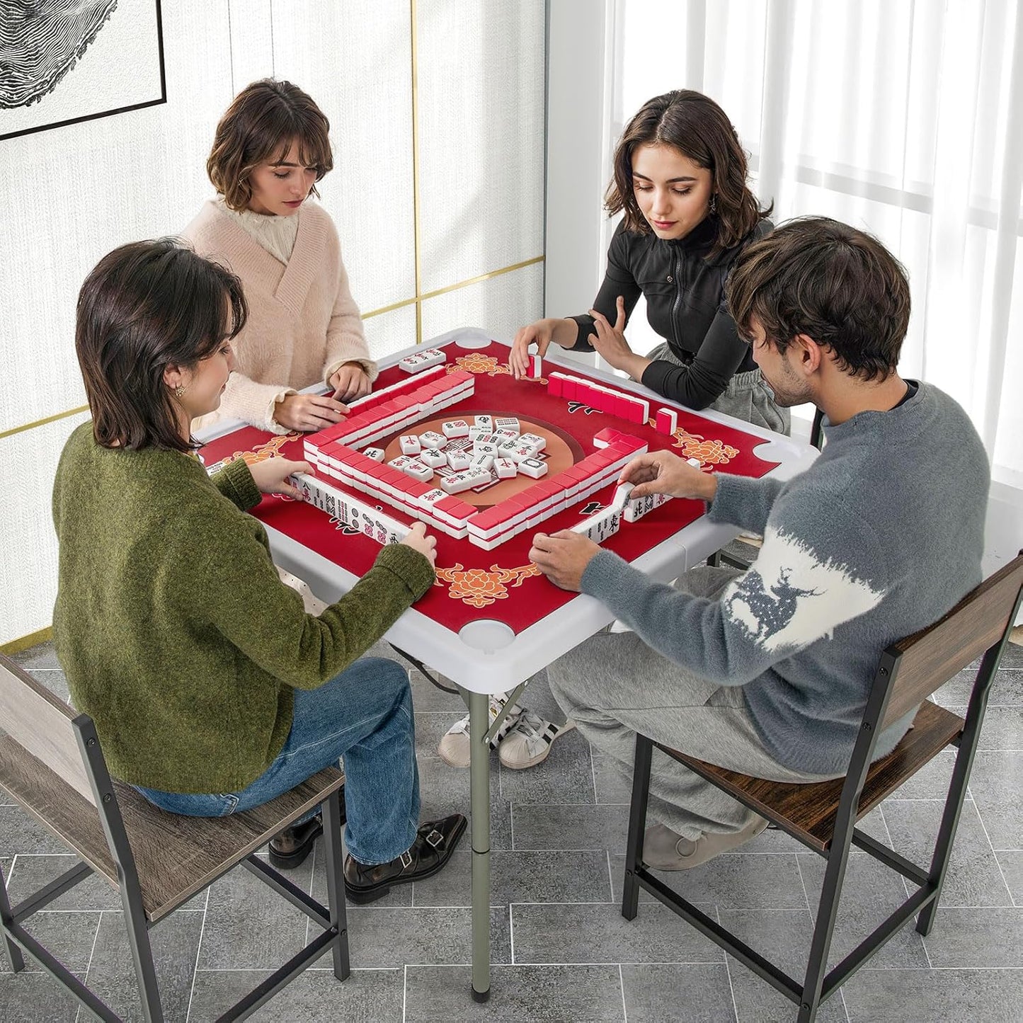 Giantex Folding Mahjong Table, 35" Square Card Table with Cup Holders, Removable Noise Reduction Mat, HDPE Tabletop, 4-Player Portable Domino Tables for Poker Blackjack Board Game (Red)
