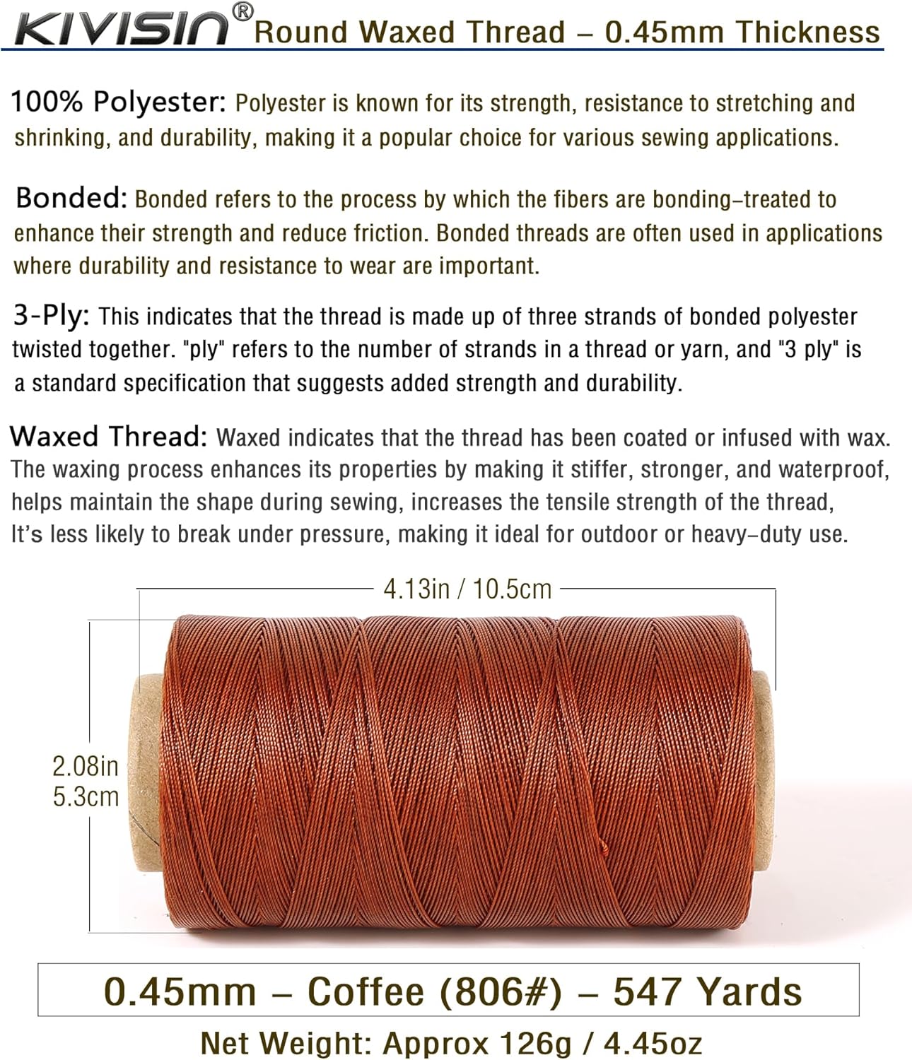 Thin Wax Polyester Thread, 0.45mm, 547 Yards, 3 Ply Round Waxed Cord Strings for Sewing, Beading, Binding, Micro Braiding, Fine Leather Craft and Micro Macrame Jewelry - Copper Color