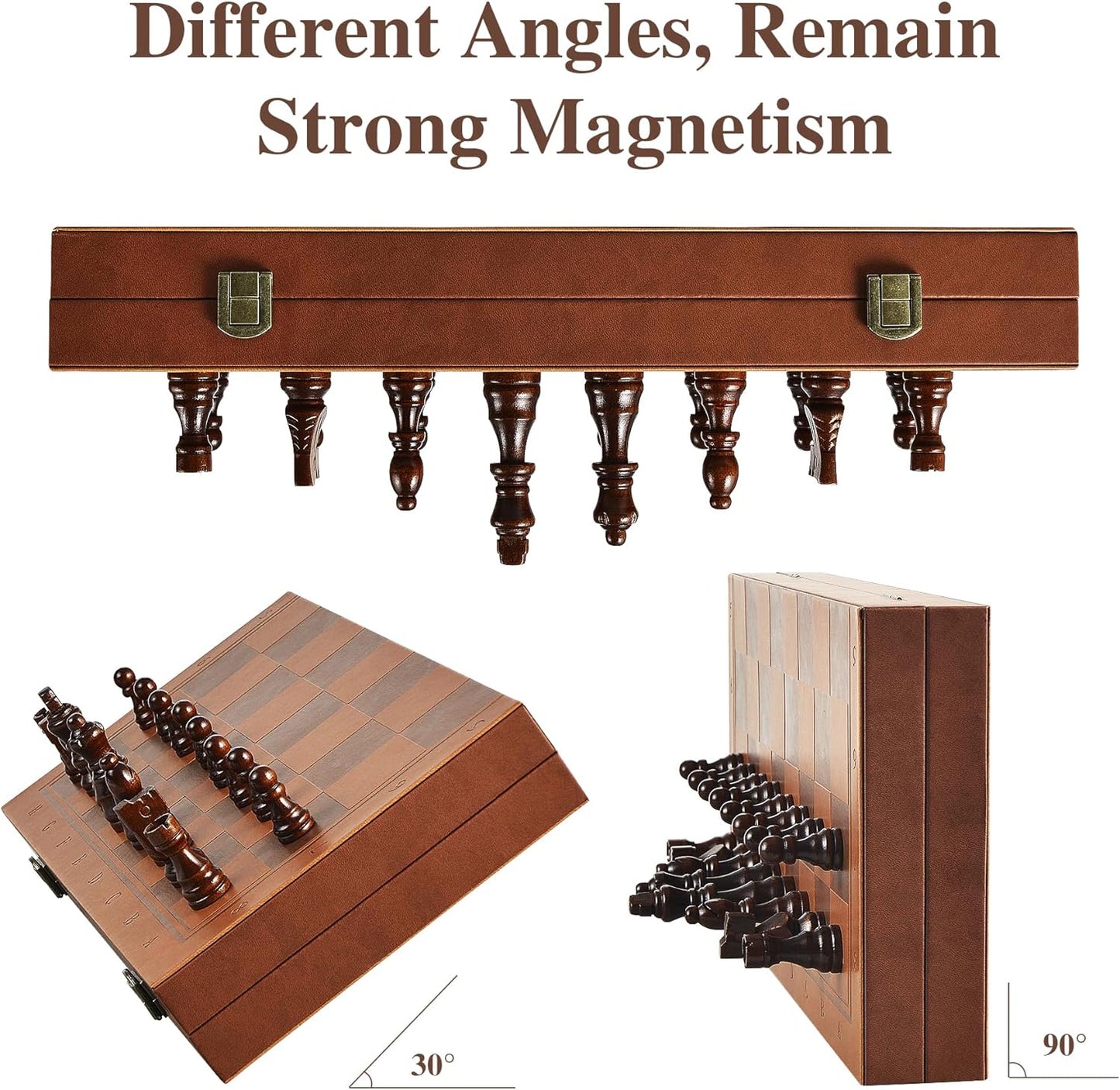 Magnetic Chess Set for Adult Kid, 15.4" Leather Chess Board with Handmade Chess Piece Including 2 Extra Queens and Storage Slot, Folding Portable Travel Chess Game for Beginner and Professional