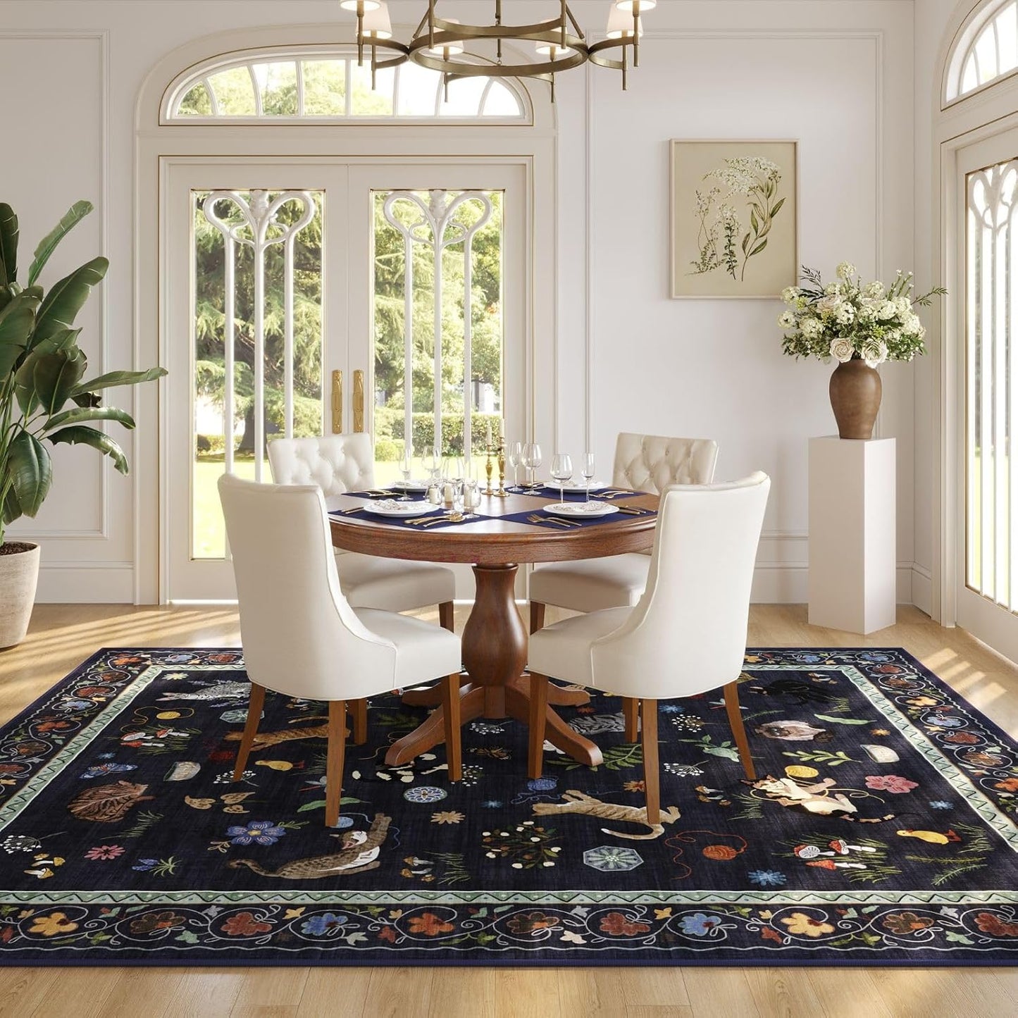 Rugcomf Living Room Rug 5x7 Rug Machine Washable Boho Area Rug Non Slip Floral Animal Cat Vintage Low Pile Large Rugs for Living Room Bedroom Farmhouse Dining Room Kids Playroom, Cobalt Blue