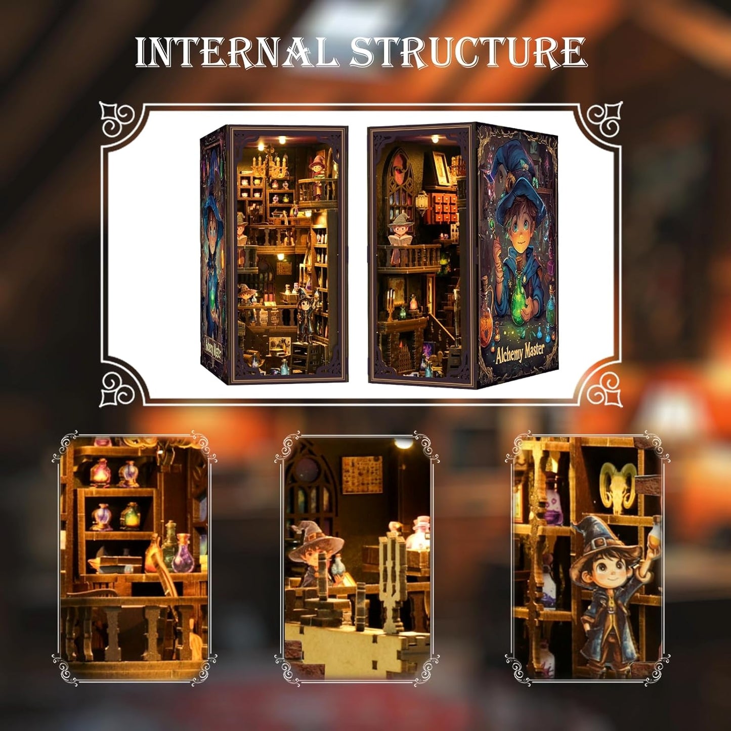 Book Nook Kit for Adults, DIY Miniature House Kit 3D Printed Booknook Wooden Puzzle Dollhouse Bookshelf Insert Decor DIY Craft Gift Model Build with LED Light for Book Lovers - Alchemy Master