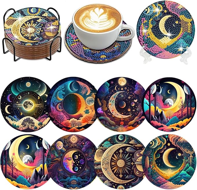Diamond Painting Coasters Kits for Adults, Moon Diamond Coaster Art Kits for Beginners, Adults Stress-reducing Handicrafts Coasters with Holder Gem Art Kits Paint by Diamond 8 PCS(Moon)