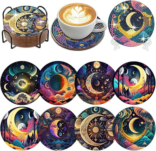 Diamond Painting Coasters Kits for Adults, Moon Diamond Coaster Art Kits for Beginners, Adults Stress-reducing Handicrafts Coasters with Holder Gem Art Kits Paint by Diamond 8 PCS(Moon)