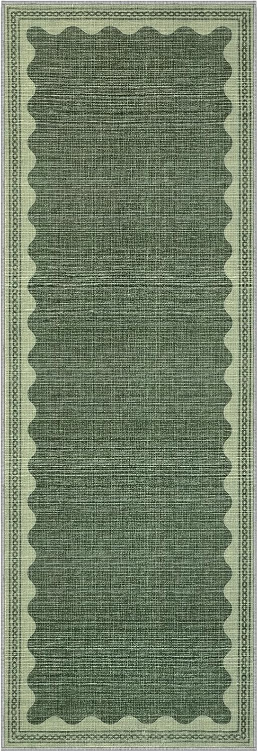 Scalloped Rug 2x6 Runners for Hallways, Solid Green Runner Rugs Non Slip Scalloped Bath Runner, Washable Rug for Bedroom Girls, Mat for Kitchen Floor Soft Dorm Nursery Carpet for Bedside