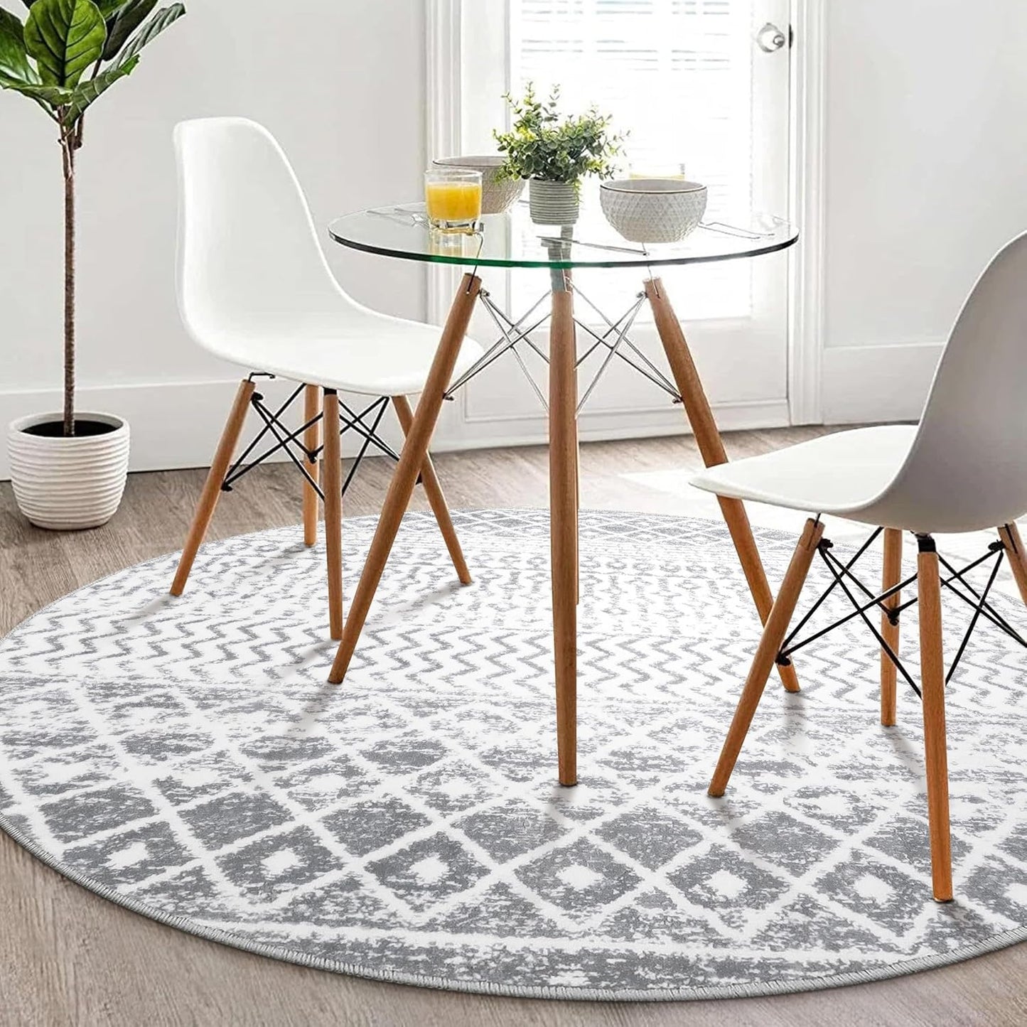 Grey Round Rug for Living Room, 5ft Soft Non-Slip Circle Large Area Rug, Modern Geometric Washable Dining Room Mat Throw Rug for Dorm Bedroom Nursery Entryway
