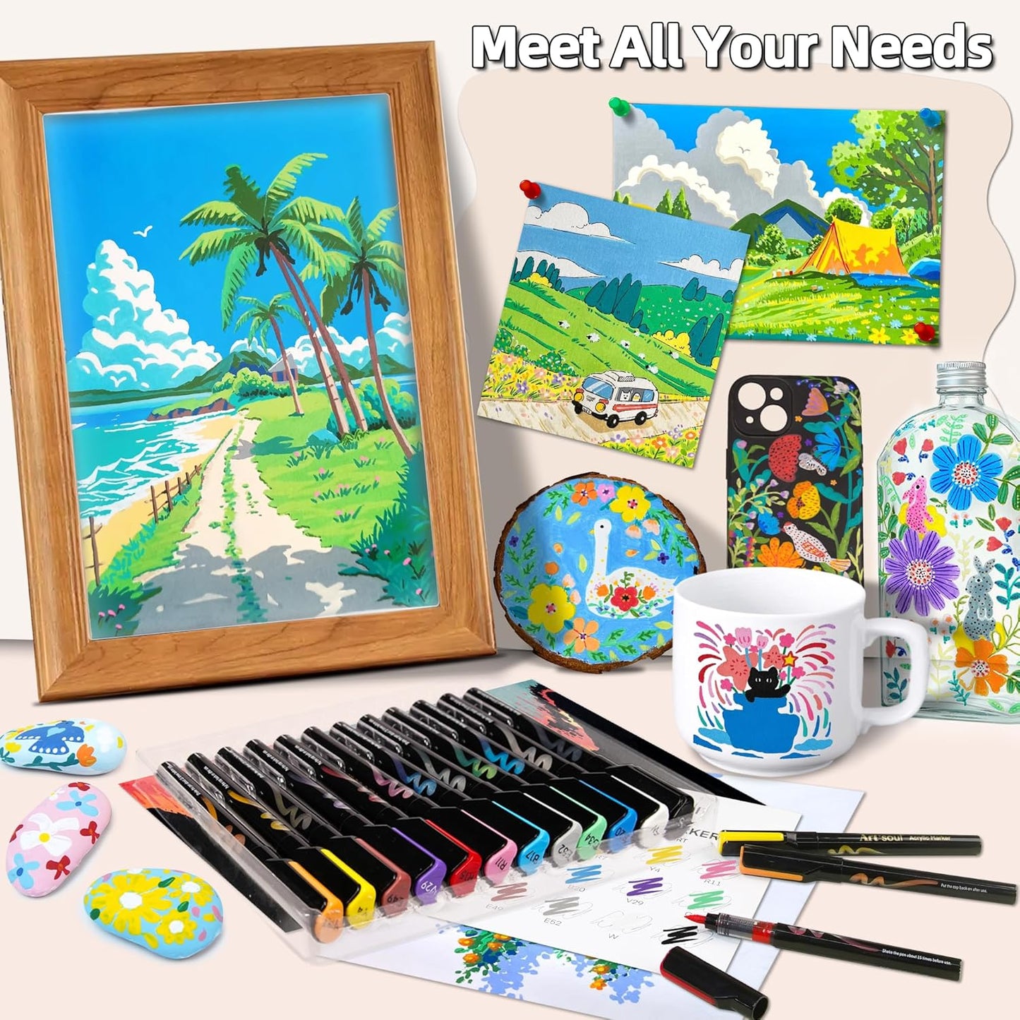 Art+soul Acrylic Paint Markers, 12 Colors - Soft Brush Tip & Automatic Ink Control System, Big Volume Ink for Rock Painting, Paper, Wood, Stone, Canvas, Glass Surfaces, DIY Crafting & Art Supplies