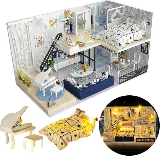 DIY Miniature House Kit, DIY Home Kit for Adults to Build, Modern Dollhouse Kit with Dust Proof & LED, Mayberry Street Miniatures, Ideal Gifts for Birthday,Valentine Christmas(Satisfied Apartment)