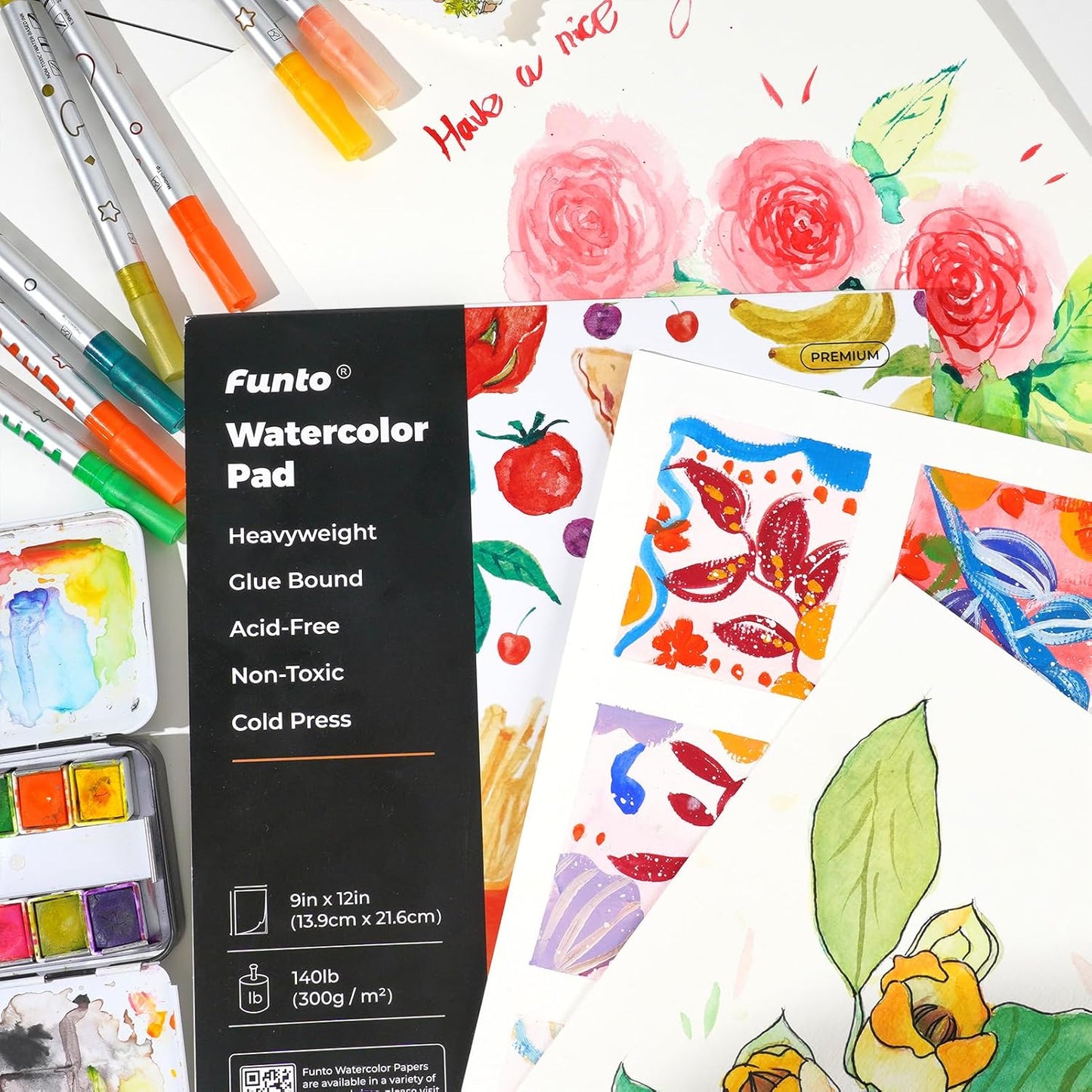 Funto Watercolor Paper Pads, 9x12, 30 Sheets, 140lb/300gsm, Cold Pressed, Acid-Free Heavyweight Art Paper for Painting, Drawing & Art Supplies