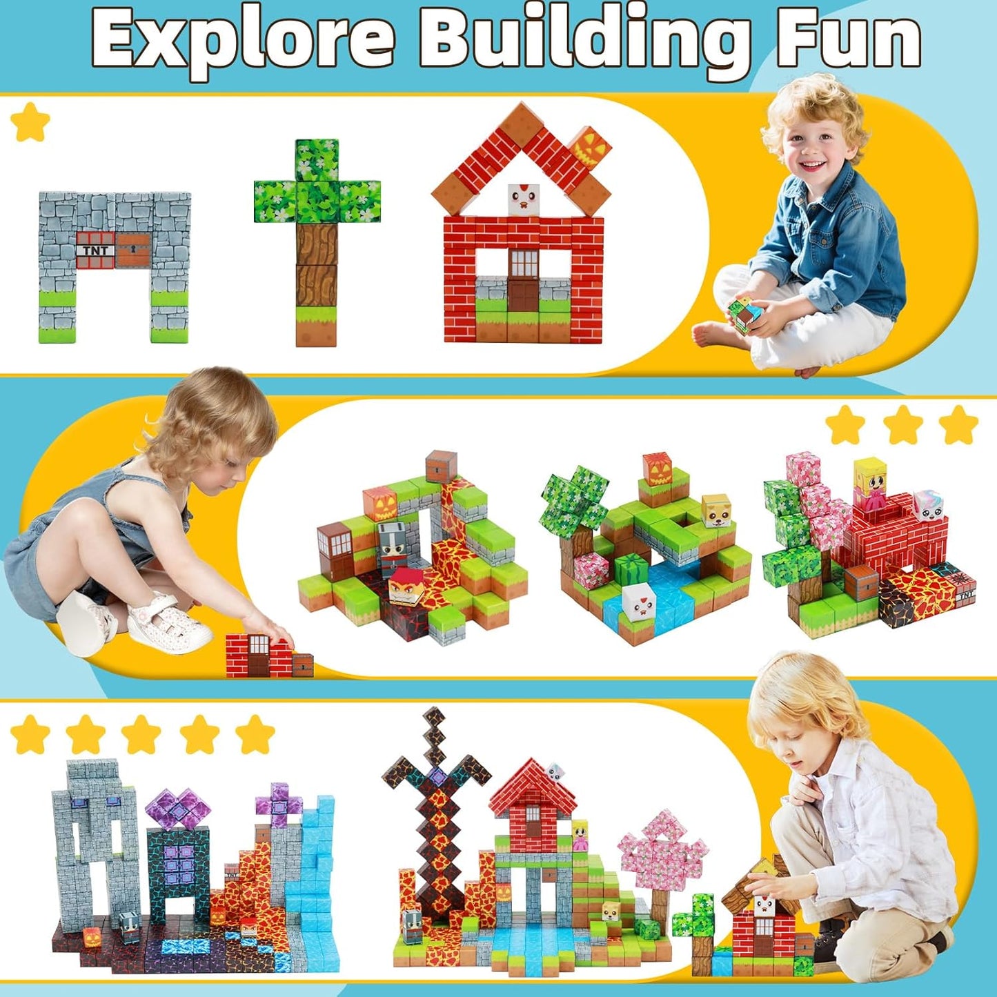 EchoPlan 150PCS Magnetic Blocks, Magnetic Building Blocks, STEM Constructions Magnet Blocks for Boys Girls Age 3 4 5 6 7 8 9 10, Sensory Stacking Toy Christmas Birthday Gifts for Kids, 1" Large Size