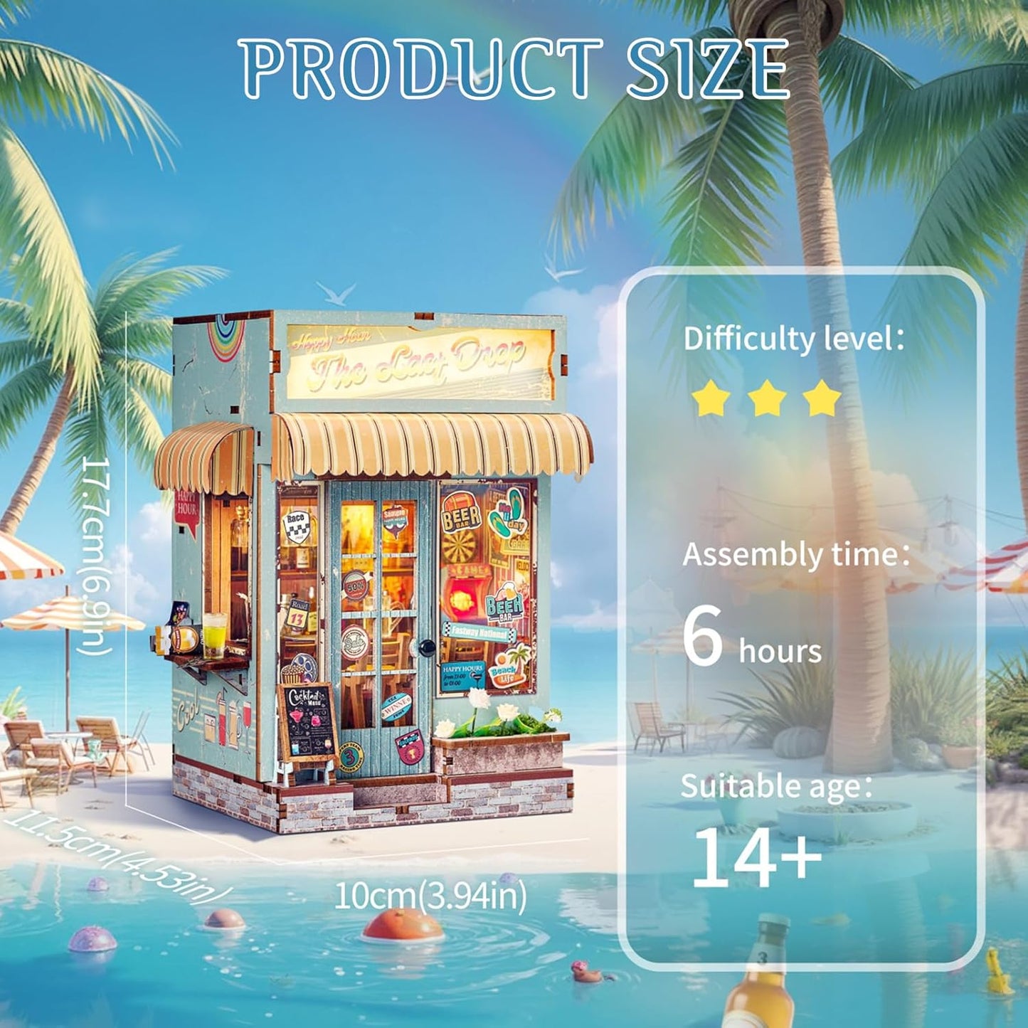 DIY Book Nook Kit, Miniature Dollhouse Bookshelf Insert with Light, Laser-Cut Wooden Craft Set for Adults, Perfect for Teens and Adults, Beach Bar