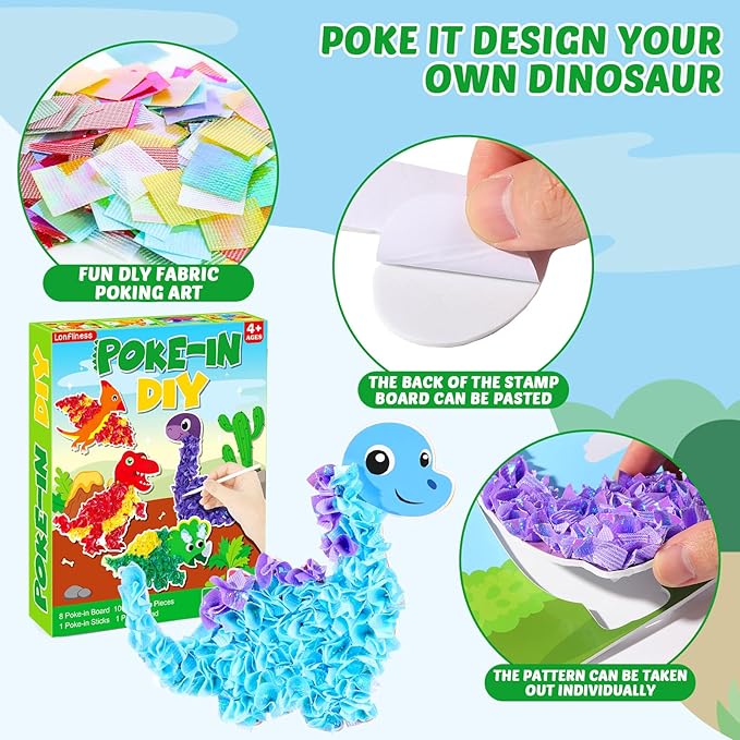 8PCS Poke-in Craft and Art Kit Dinosaur Theme No-Mess Fabric Sewing Art Fabric Puzzle Puncture Painting Dino Toy Gifts for Creative Activity Game Birthday Party