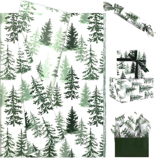 100 Sheets Christmas Tree Tissue Paper, 20x14in Forest Style Wrapping Tissue Watercolor Xmas Tree Art Tissue for Xmas Party Gift Bag Fillers Winter Party Decor (Green)