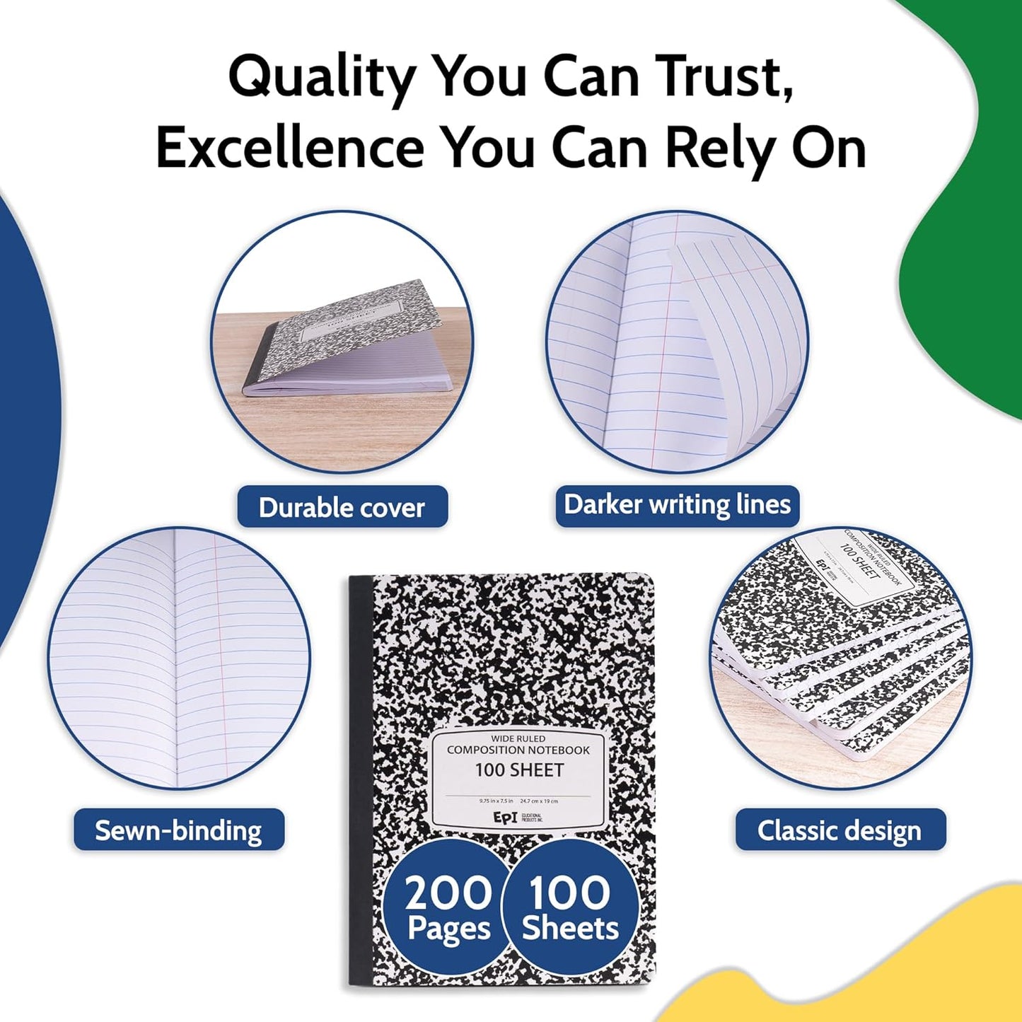 EPI Marble Hardcover Wide Ruled Composition Notebook | 200 Pages (100 Sheets), 9.75 x 7.5 in, Sturdy Sewn Binding | School, Office, Journaling, Notes - 6 Pack