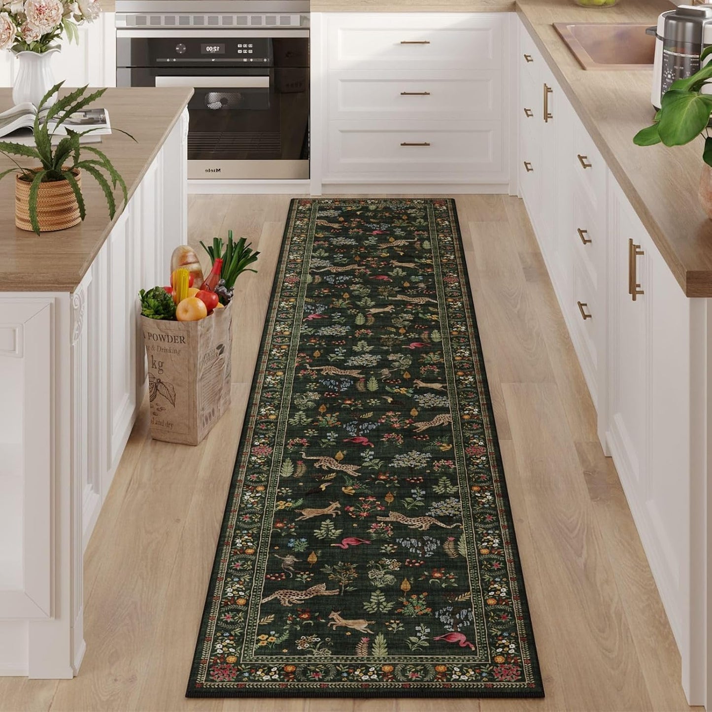 Rugcomf Runner Rug for Kitchen Rug Non Slip 2'x6' Washable Rugs with Rubber Backing Soft Floral Animal Carpet Runner for Kitchen, Laundry, Bedroom, Bathroom (Green)