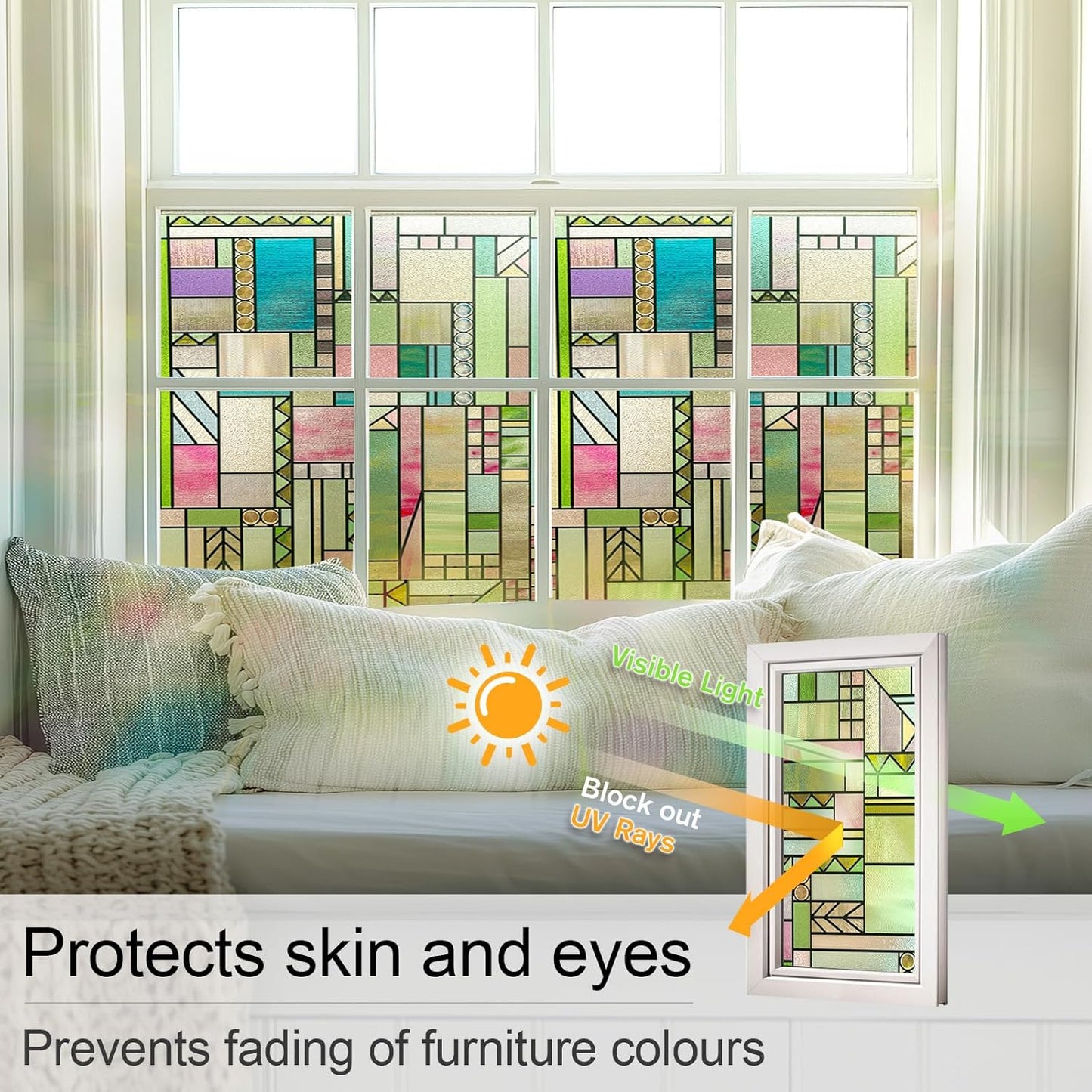 LuminManta 3D Stained Glass Window Privacy Film, Heat Control UV Blocking Static Cling Decorative Window Film for Bathroom,Front Door,Home Non Adhesive 23.6 x 35.4 inches Colorful Abstraction